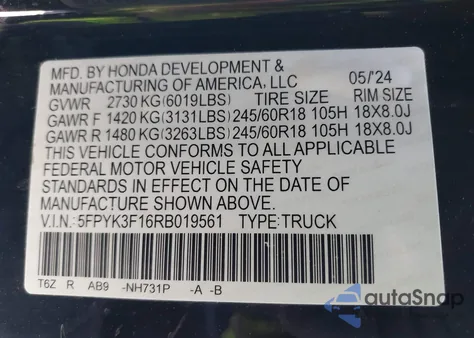 2024 Honda Ridgeline Sport from USA, damaged, VIN 5FPYK3F16RB019561